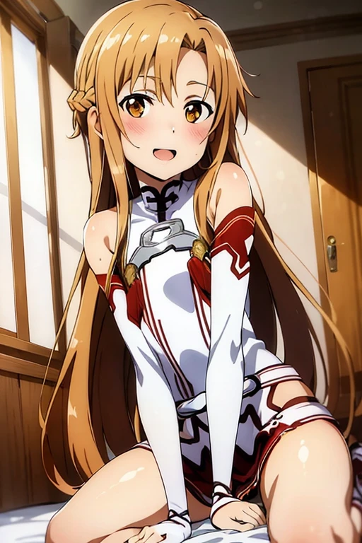 ((Highest quality)), ((masterpiece)), (be familiar with), Perfect Face, indoor, Bedroom, Watching the audience,
One woman, Yuuki Asuna,
Open Mouth, Ecstatic expression, blush, smile,
Small breasts, Flat Chest, , , child, Girl,
Long Hair, Long Hair,
Leg spread,