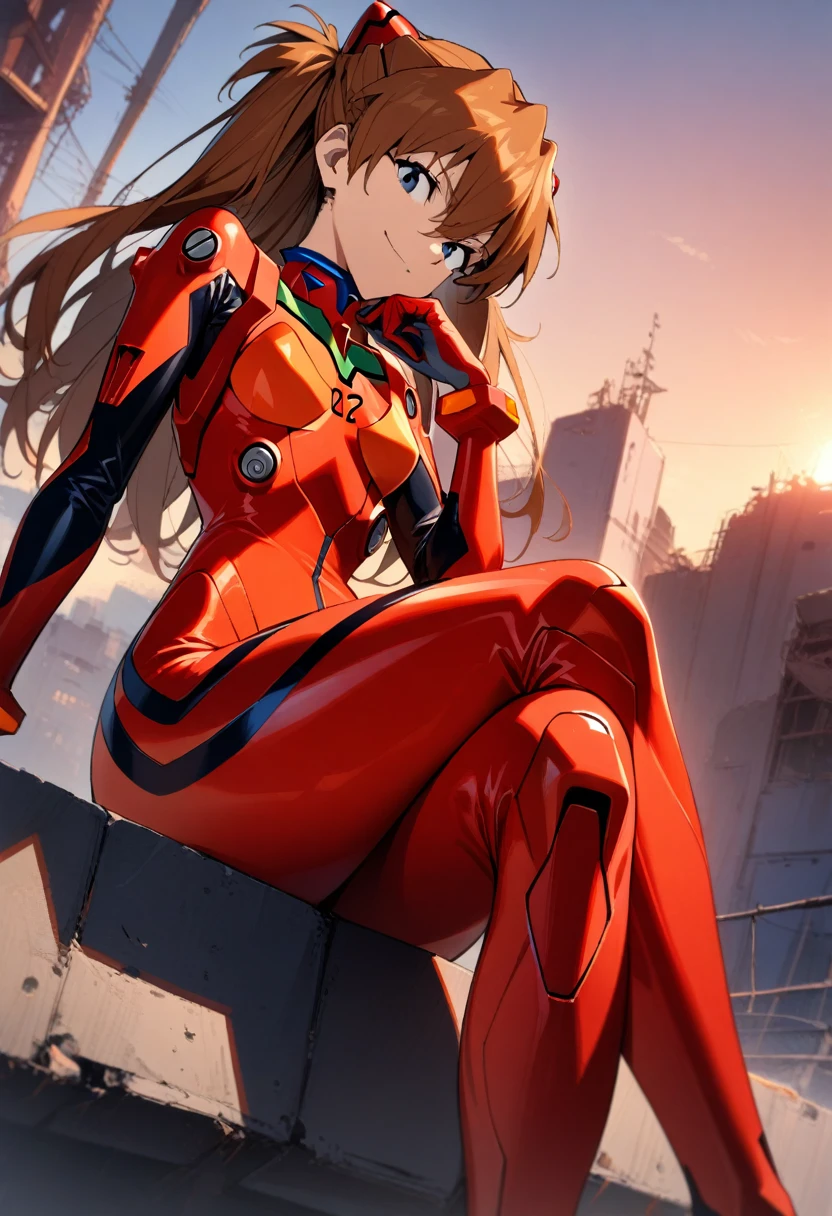 EVA 2 Towering near-future city Asuka Blood-red elevated Red tight combat suit Look into the distance.