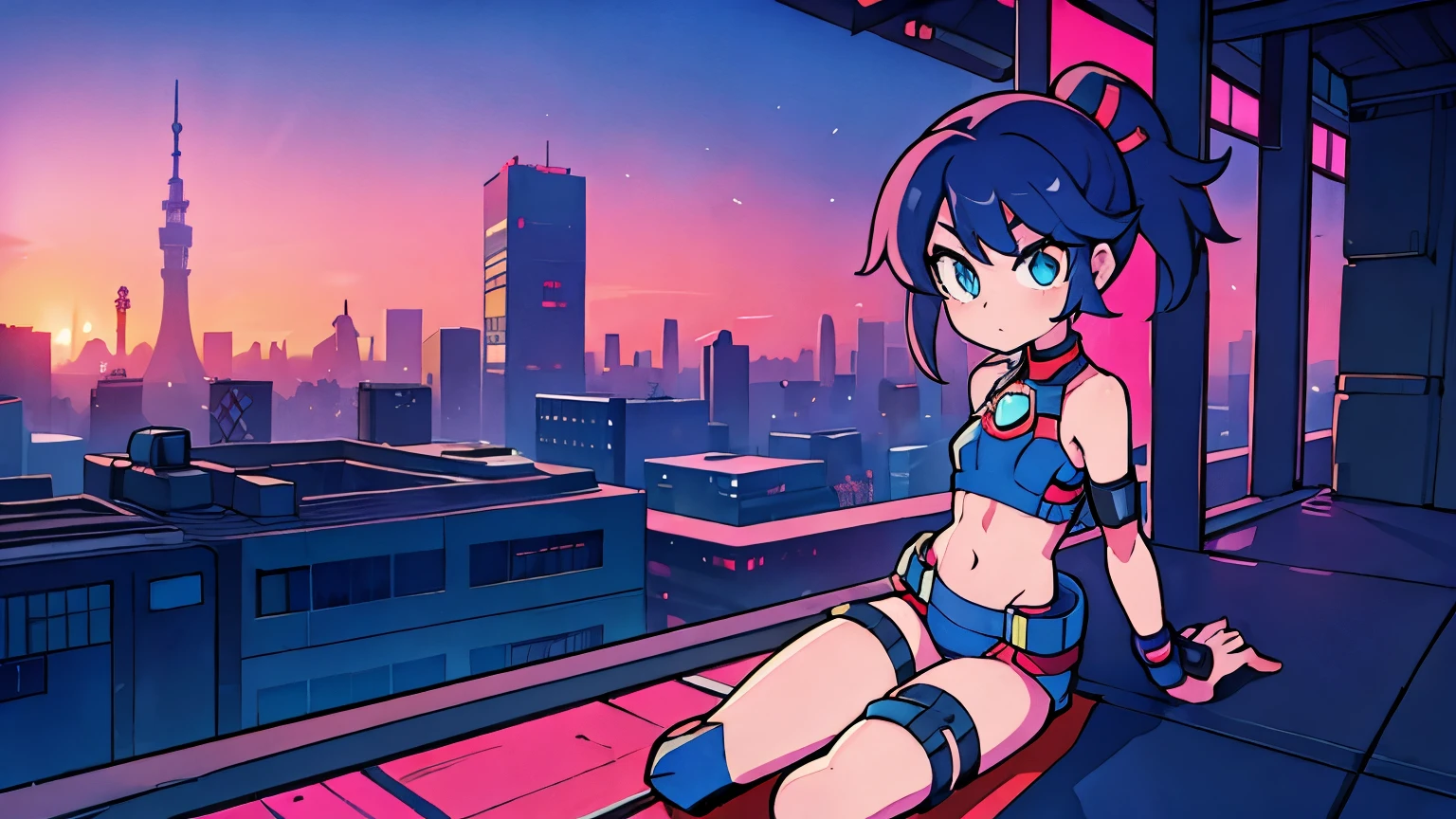 alias_Mega Manx sits on the edge of a rooftop in Tokyo - Cyberpunk city in the background, Bold line, Simple drawing, flat,Girl