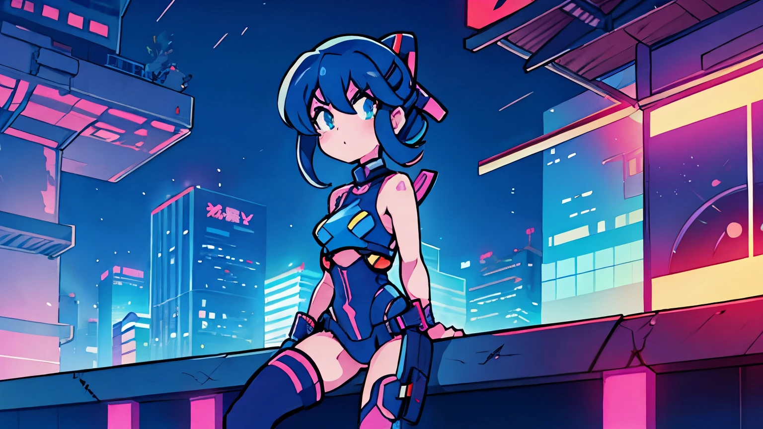 Mega Manx sits on the edge of a rooftop in Tokyo - Cyberpunk city in the background, Bold line, Simple drawing, flat,Girl,Cyberpunk city