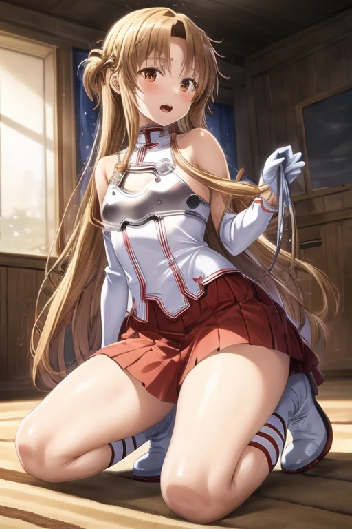 ((Highest quality)), ((masterpiece)), (be familiar with), Perfect Face, indoor, Bedroom, Watching the audience,
One woman, Yuuki Asuna,
Open Mouth, Ecstatic expression, blush, smile,
Small breasts, Flat Chest, , , , Girl,
Long Hair, Long Hair,
Leg spread,