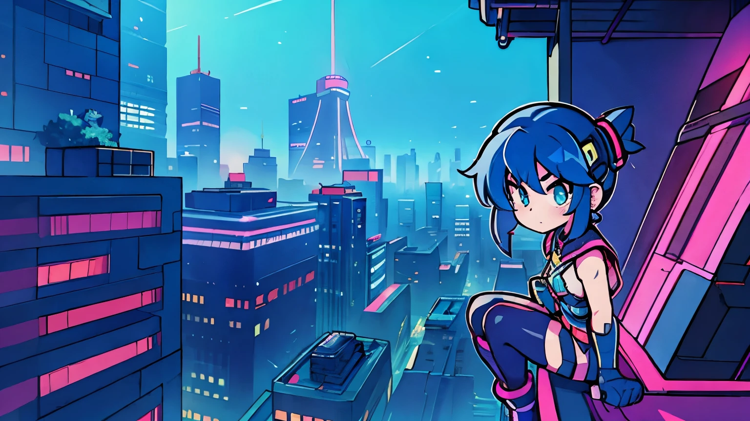 Mega Manx sits on the edge of a rooftop in Tokyo - Cyberpunk city in the background, Bold line, Simple drawing, flat,Girl,Cyberpunk city