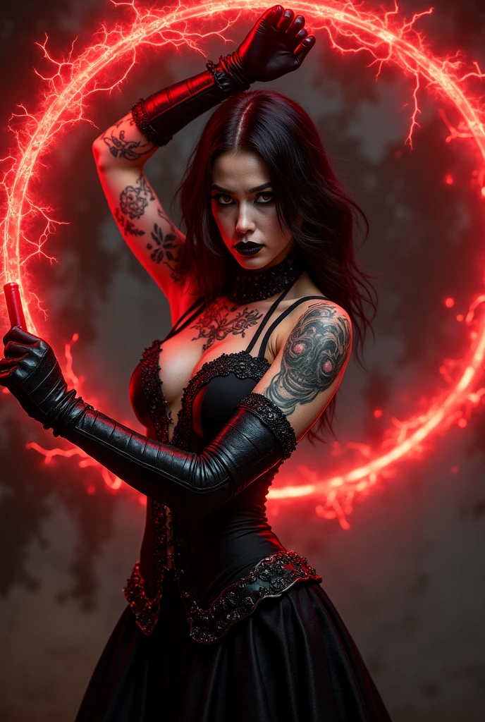 4k realistic ultra detailed photography of an athletic demonic woman, demonic woman wearing a maxi leather dress, hairstyle is a crazy braided hairstyle, demonic woman in a menacing moving standing model pose, photo background is a wall of smoke with black roses coming out of it, mood of the photography is gloomy, big lots of fiery tattoos