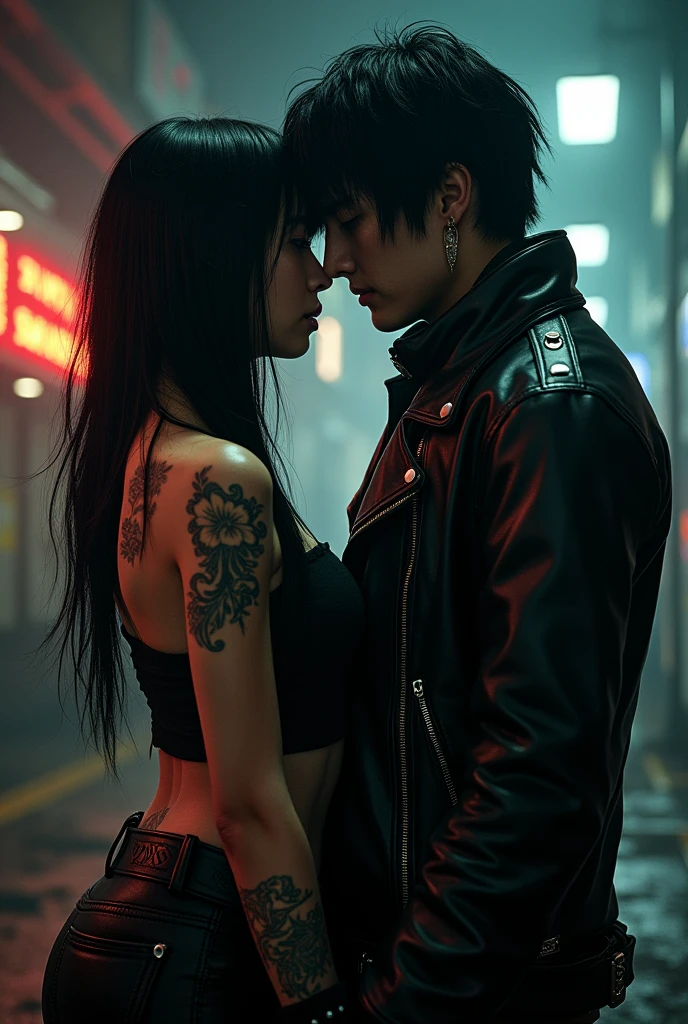 Japanese woman, purple haired man kissing brunette woman, black haired, both wearing small transparent lingerie, in the red coe, with wet bodies, sobre a chuva