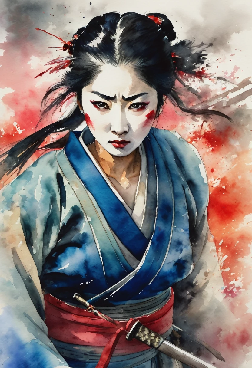 A straight-on shot of a beautiful Japanese woman from the Edo period, fighting on a battlefield with a scar on her face. The watercolor style emphasizes strong color bleeding, intense gradients, strong blurring, and soft edges. The image has a hand-painted feel with flowing colors and layered textures, capturing her strength, determination, and the intensity of battle.、(Watercolor painting:1.4)、(Hand-drawn:1.2)、(Watercolor brush hair)、((Watercolor painting))、Color Water

