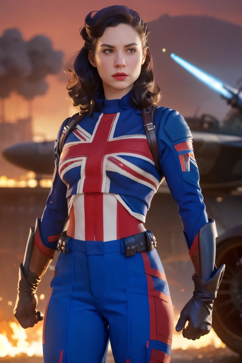 Captain Carter in her iconic Union Jack suit, standing heroically on a battlefield, red and blue shield on arm, glowing with energy. Hyper realistic super detailed capitain Carter, Very detailed, (hyper realistic: 1.4), (in dynamic fight pose, angry face)). (((war jet background))). natural light, 35mm photograph, film, professional, 4k, highly detailed, Golden hour lighting. Depth of field F2. Rule of Thirds Composition.