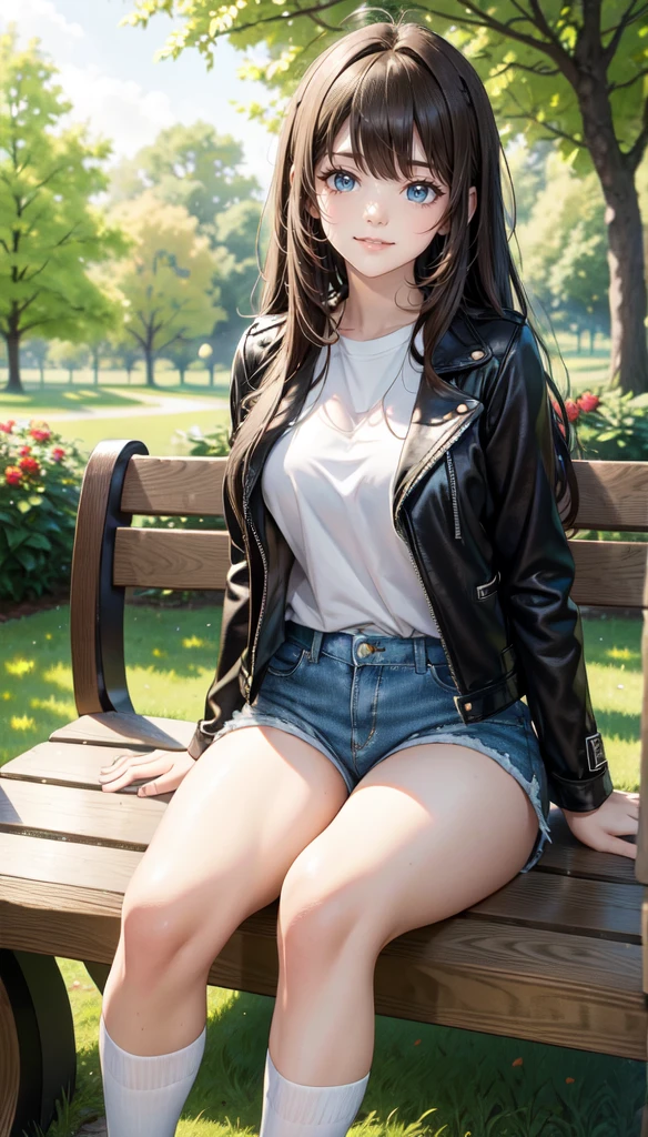 An 1 girl with green eyes and a beautiful, cute long hair hairstyle with bangs ("Straight Long Brown Hair with Bangs"). She is cheeky, but incredibly sweet and has a charming, playful expression on the face. She wears a cool leather jacket, underneath a white T-shirt, black denim shorts, tights with white ankle socks and black high heels. She is sitting on a very detailed bench in a beautiful park, surrounded by green trees, colorful flowers and soft rays of light, that fall through the leaves. The park should be full of natural details, which underline the peaceful and beautiful atmosphere. The image should be highly detailed, with HDR and Ultra 8K resolution, about the textures of their clothes, the lively environment and its cheeky, sweet expression perfectly captured.(full body focus)


