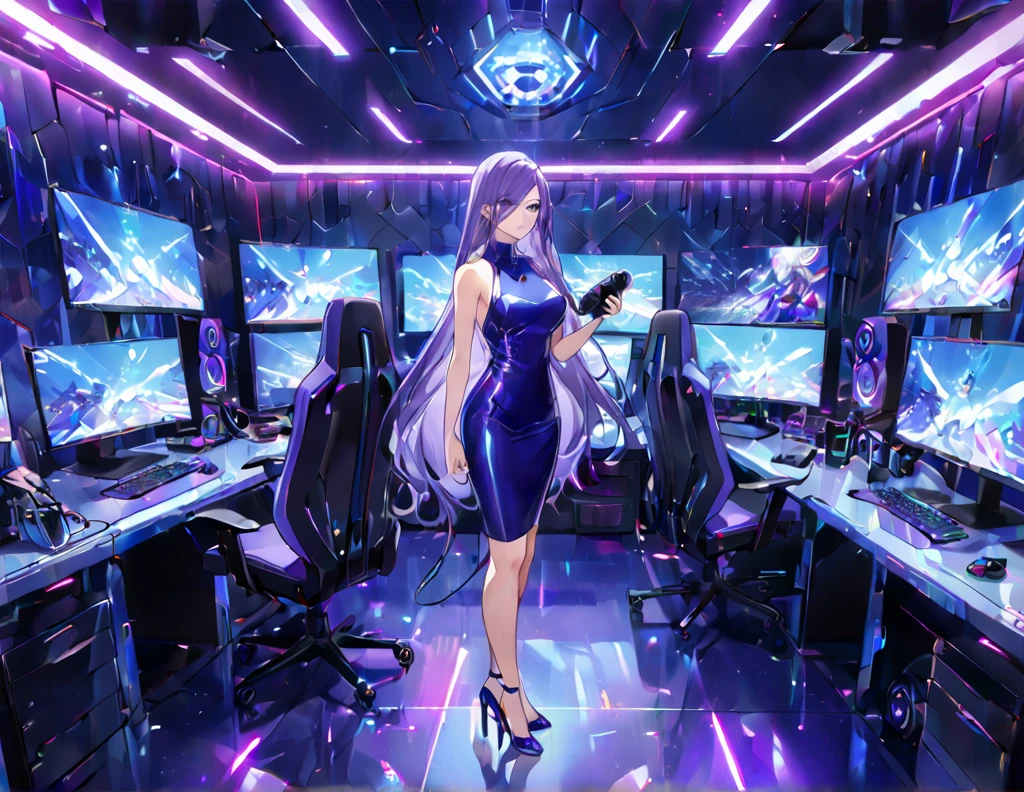 "Create a masterpiece an anime-style illustration of a confident and stylish woman wearing a sleek, form-fitting dress and high heels, standing in a highly detailed, futuristic gaming room. The room is illuminated with vivid LED lights in blue and purple tones, reflecting off the glossy surfaces of the gaming equipment, monitors, and accessories. The woman has long flowing hair, striking a pose while holding a game controller. The environment should include multiple screens displaying vibrant, dynamic gameplay, a high-end gaming chair, and various tech gadgets, all meticulously detailed to create an immersive and high-tech atmosphere."