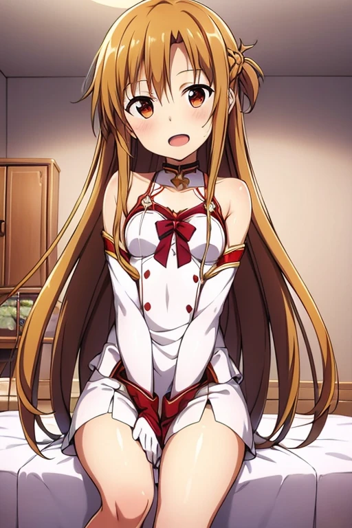 ((Highest quality)), ((masterpiece)), (be familiar with), Perfect Face, indoor, Bedroom, Watching the audience,
One woman, Yuuki Asuna,
Open Mouth, Ecstatic expression, blush, smile,
Small breasts, Flat Chest, , , child, Girl,
Long Hair, Long Hair,
Leg spread,