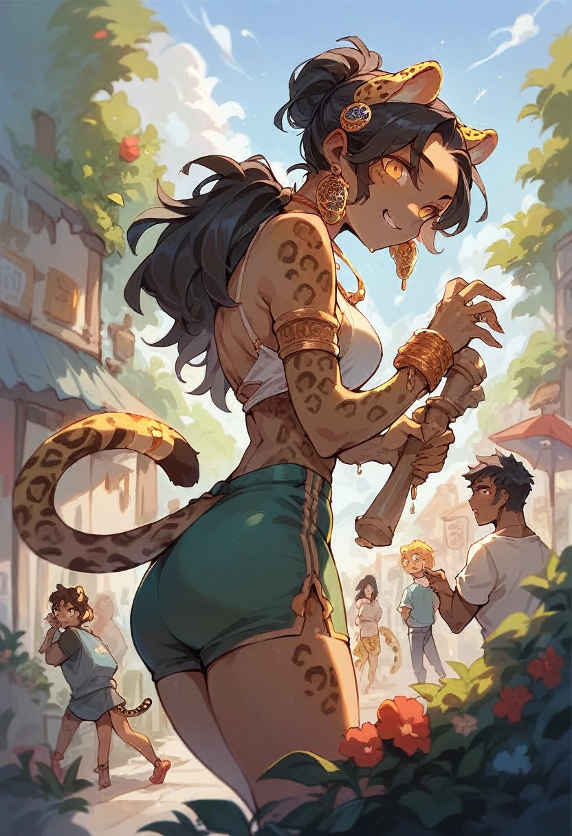 Brazilian woman, brazil, black hair, jaguar ear, jaguar tail, gold eyes. Village in the background (humanoid animals)