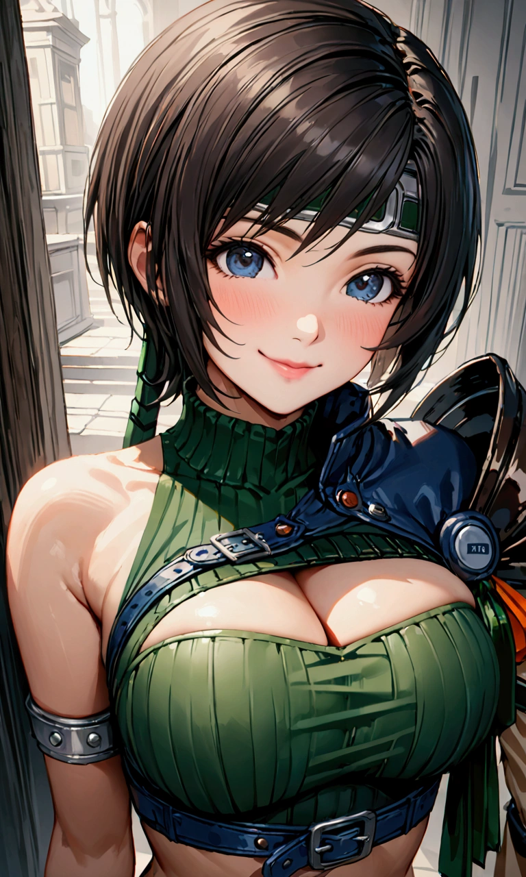 ((yuffie kisaragi,highest quality, High resolution, perfect pixel, written boundary depth, 4K))),((highest quality))、((super Realistic)),4K, 8k,uhd,16K,32K,masterpiece, one woman, beautiful, Improve, Compensate, Big Breasts, Cleavage、((Highest quality、masterpiece:1.3)), Upper Body、Long legs、Sharp focus:1.2, Beautiful woman with perfect figure:1.4、Big Breasts, (Smiling:1.2), double eyelid、30-year-old female、Sexy pose、Blue eyes,(((Close mouth:1.2)))、One Woman,Shortcuts、Black Hair、((Silver band on forehead:1.2))