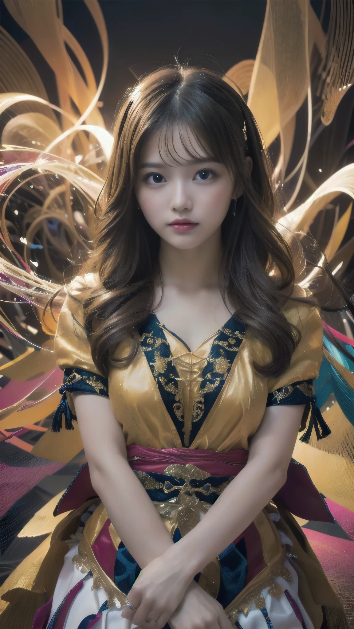 (masterpiece, Highest quality, Highest quality, Official Art, beautifully、aesthetic:1.2), (One girl:1.3), Very detailed,(Fractal Art:1.2),colorful,Most detailed,(Tangled:1.2), (Dynamic pose), (Abstract background:1.5), (Traditional Costume:1.2), (Glowing Skin), (Many colors:1.4), Upper Body