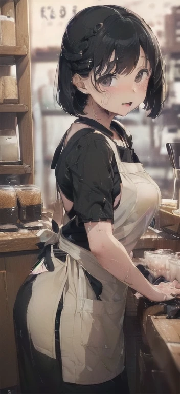 ((top quality, 32k, masterpiece: 1.3)), portrait, sharp focus, 1 girl, 18 years old, pretty woman with perfect figure: 1.4, slender abs: 1.1, ((dark brown hair, big: 1.2)), (white shirt, black apron: 1.3), street, ultra detailed face, detailed eyes, double eyelids, gentle smile, ponytail, sunlight, natural light,