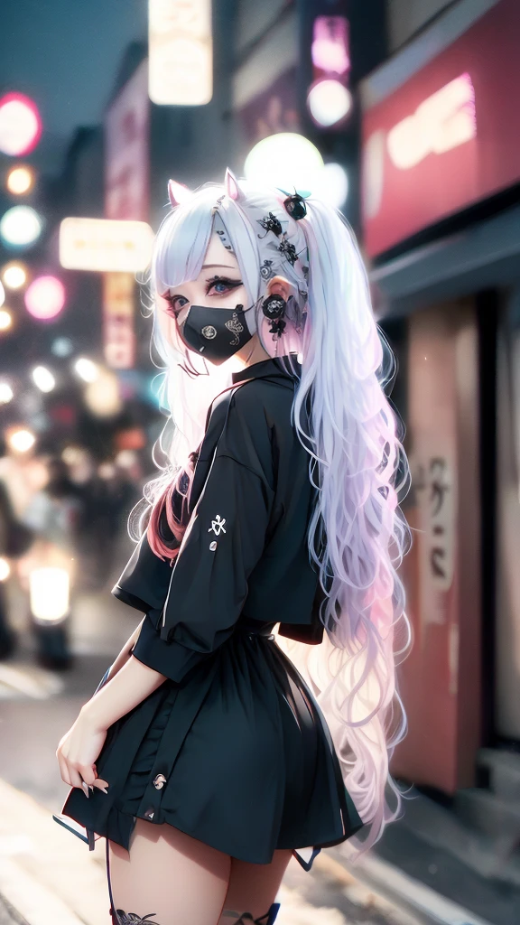 Red-haired、goth_punk, 1girl in, solo, medium shot, Walking in Harajuku, ((during night)), bokeh dof, Neon light, Iridescent eyes, starrysky, Red glowing hair, White eyebrows, Radiant hair, (iridescent white hair), earrings, bangss, jewely, masks, bluntbangs, verd s eyes, Mouth mask, blurry backround, bblurry, hair adornments, Look at viewers, shorth hair, portraitures, side locks