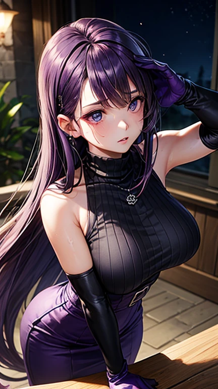 purple hair、purple eyes、big breasts、Drooping eyes、ponytail、Completely naked、anime style