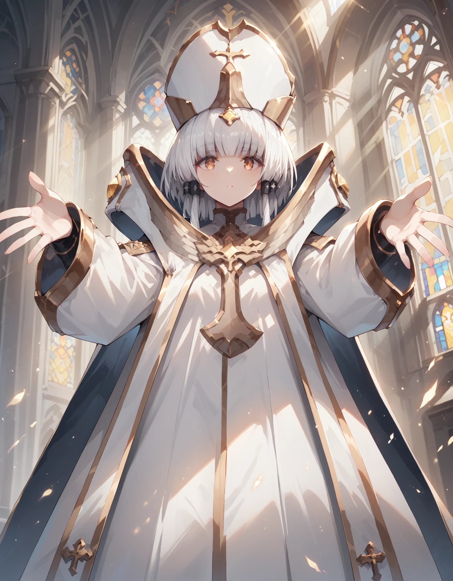 score_9, score_8_up, score_7_up, source_anime, 1girl, solo, looking at viewer, indoors, church, from below, outstretched arms, arcana, white hair, gold eyes, blunt bangs, hair tubes, short hair, long locks, white headwear, cape, white sleeves, long sleeves, cross, jewelry, forehead jewel, rays of light fall from above, giving the painting an atmosphere of divinity, full body, a little bit more mouth, big expressive mounth, all fingers are visible, bare walls