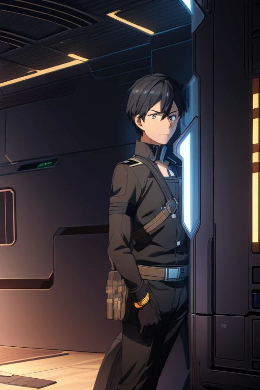 "A captain named Ian from the spaceship Siliwangi. He has short black hair and black eyes. He is wearing his captain's uniform, which is sleek and detailed, with a futuristic and authoritative design. The setting should reflect a high-tech space environment, showcasing Ian as a confident and skilled leader."