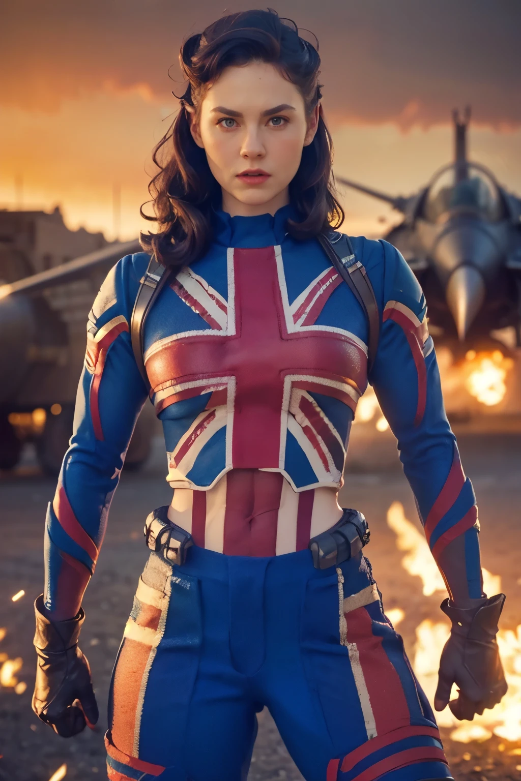 Captain Carter in her iconic Union Jack suit, standing heroically on a battlefield, red and blue shield on arm, glowing with energy. Hyper realistic super detailed capitain Carter, Very detailed, (hyper realistic: 1.4), (in dynamic fight pose, angry face)). (((war jet background))). natural light, 35mm photograph, film, professional, 4k, highly detailed, Golden hour lighting. Depth of field F2. Rule of Thirds Composition.