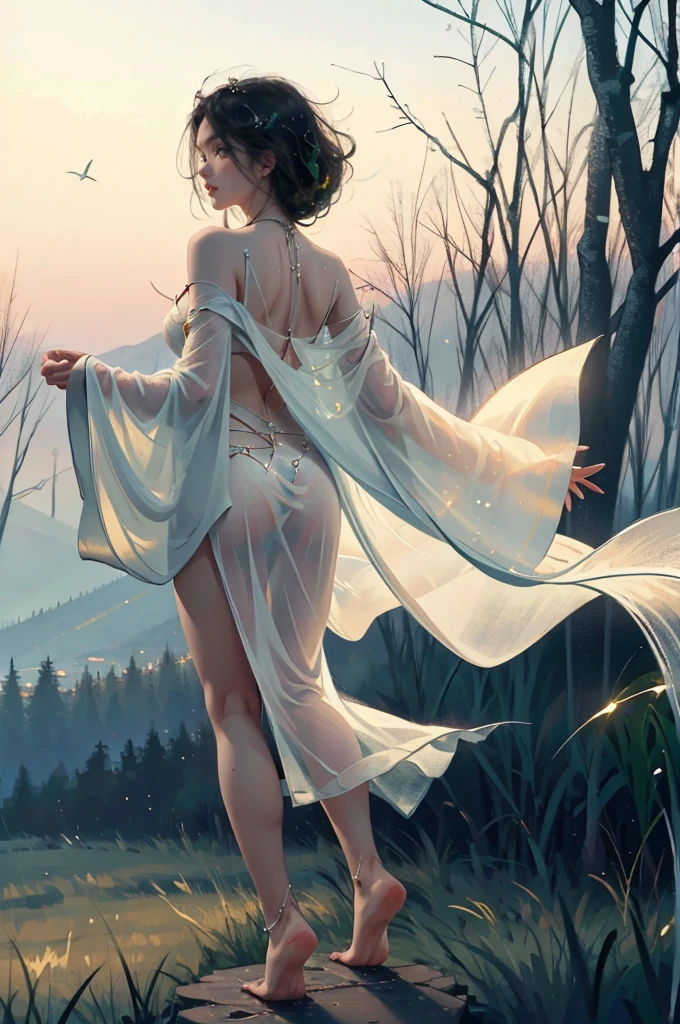 ((aeolian)), 1 young girl with a beautiful face and green eyes, Princess, (naked and wearing a white gown), very long black hair, no underwear, slim body, long legs, fantasy castle landscape, bare feet, small breasts, leaning over, shiny skin, wet skin