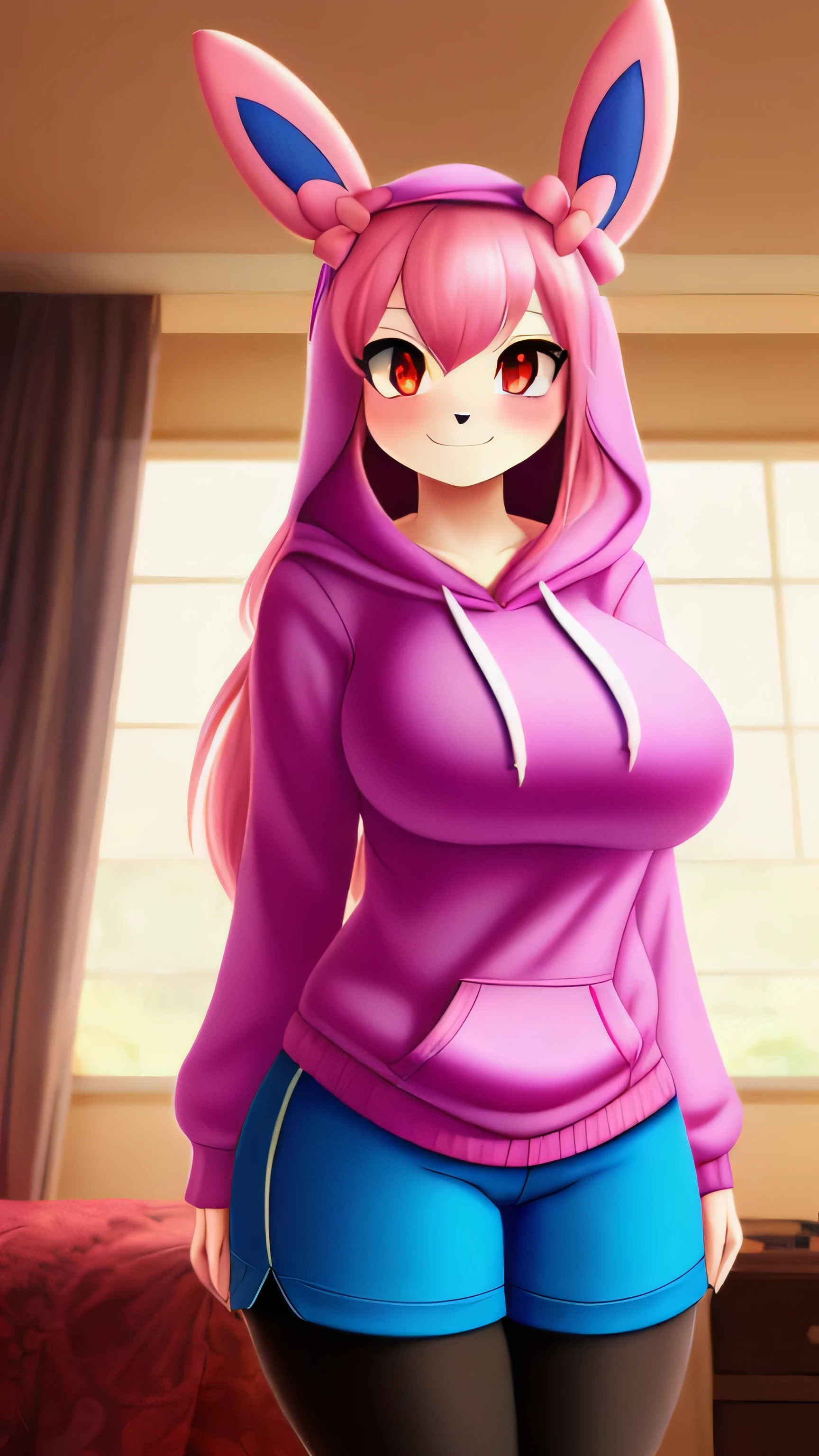 Sylveon girl, sexy, sensual, uploaded to E621, beautiful and detailed portrait of an anthropomorphic sylveon ((female))) uploaded to E621, pink hair, big breasts, thick thighs, hips, teenager ((18years)), solo, skinny body, bedroom, blush, embarrassed smile, long hair, ((red eyes, black fur, white and pink body)), (white hoddie, blue shorts)