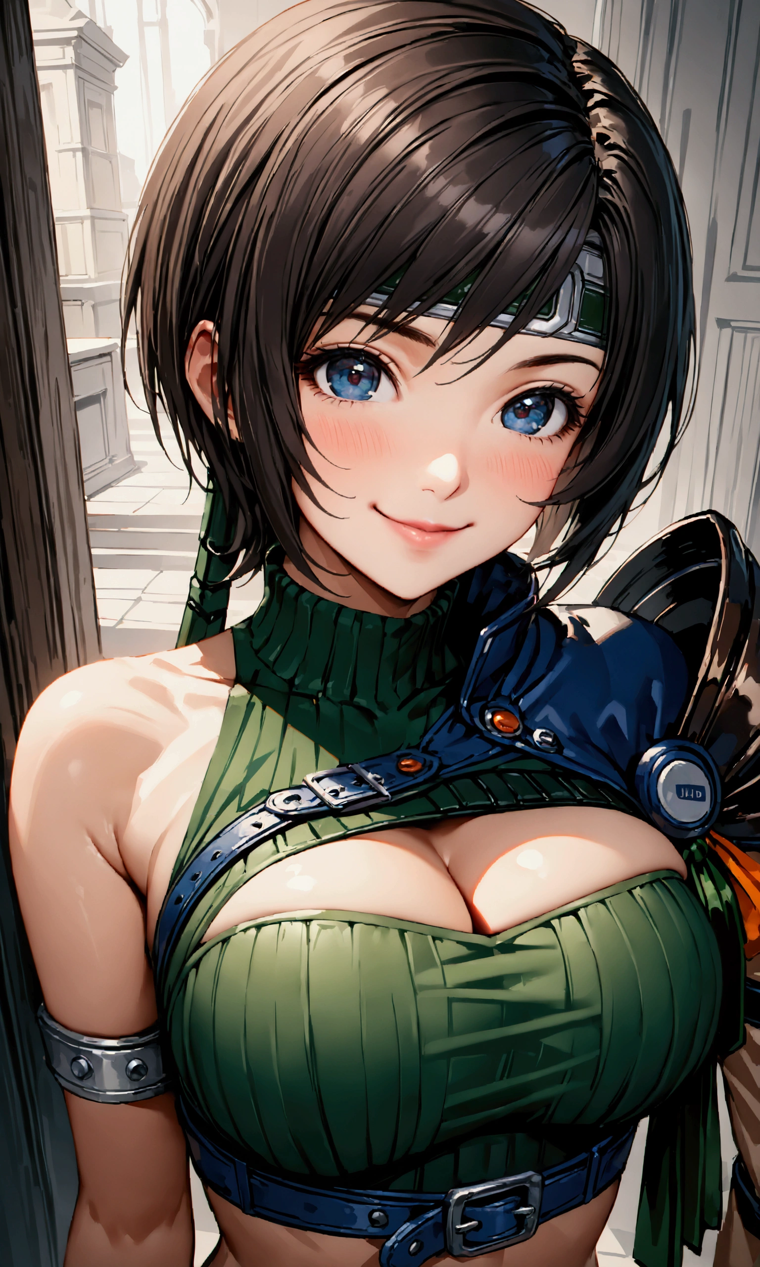 ((yuffie kisaragi,highest quality, High resolution, perfect pixel, written boundary depth, 4K))),((highest quality))、((super Realistic)),4K, 8k,uhd,16K,32K,masterpiece, one woman, beautiful, Improve, Compensate, Big Breasts, Cleavage、((Highest quality、masterpiece:1.3)), Upper Body、Long legs、Sharp focus:1.2, Beautiful woman with perfect figure:1.4、Big Breasts, (Smiling:1.2), double eyelid、30-year-old female、Sexy pose、Blue eyes,(((Close mouth:1.2)))、One Woman,Shortcuts、Black Hair、((Silver band on forehead:1.2))