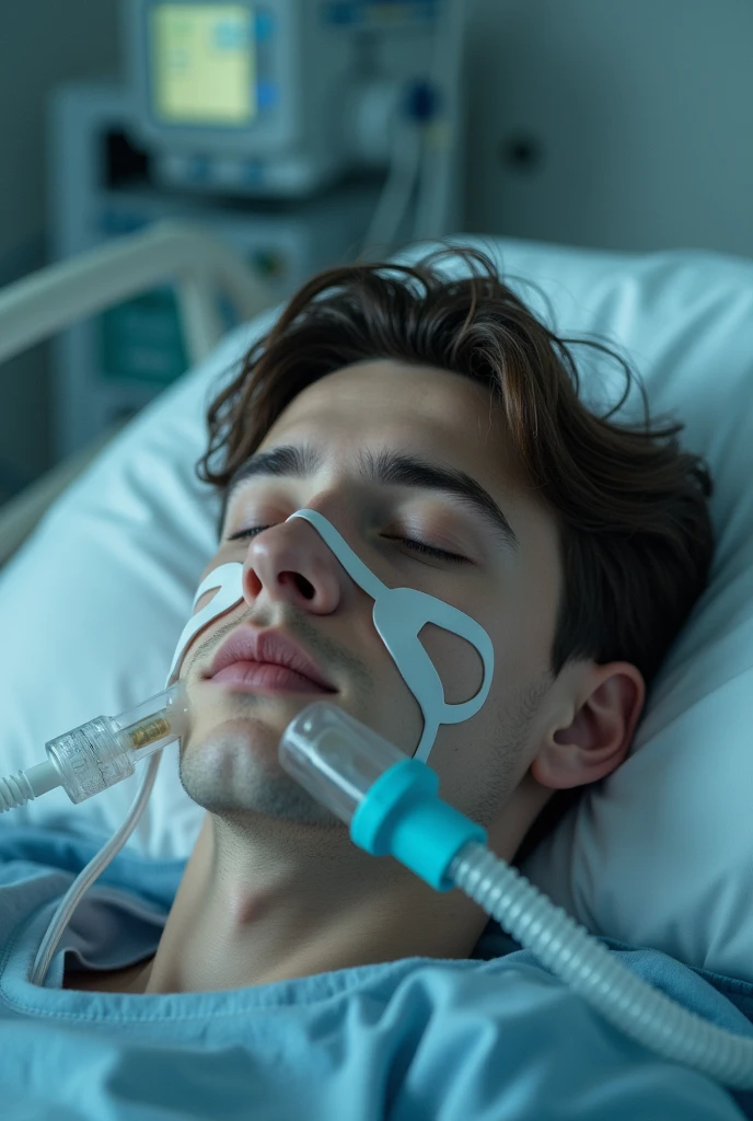 20-year-old man in agony, intubated and on a ventilator in a hospital ICU, eyes closed