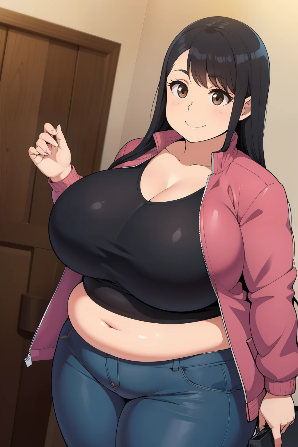 Plump  21 big breasts black hair brown eyes chubby smile longer jacket  longer hair