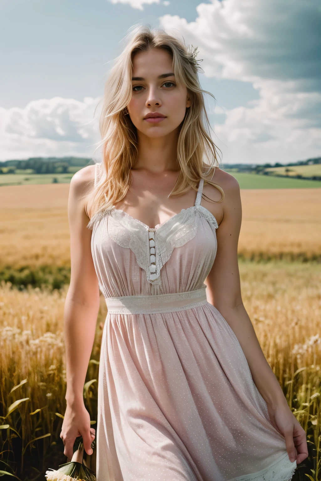(masterpiece), best quality, a photograph of one (full body, beautiful albino woman, 18 years old, attractive, a goddess, beautiful girl, albino queen), white curly hair with bangs, large breasts, thick thighs, pink lips, small freckles on the face, silky skin, beautiful green eyes (sparkle in the eyes), earrings, choker, short white dress of fine silk, beautiful smile, in an open field with lawn, flowery, blue sky, morning, soft lighting.