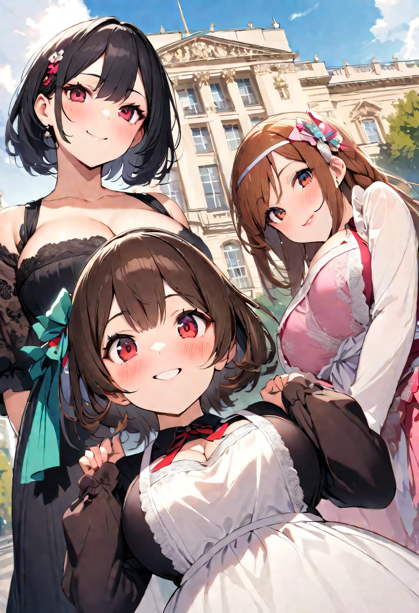 (2 young girls with long hair, Beautiful face and eyes and eyeliner,A delicate little face, pink eyes, Charming smile, (Maid cafe outfit with frilly, Sheer pleated mini skirt:1.5), (Transparent maid cafe costume with large open breasts and hollow:1.2), Sexy transparent underwear,Show belly button, Revealing sexy transparent white panties (very pretty girl), brown hair, Fashion hair accessories quality:1.4), (Extremely detailed),Pendants and earrings、 (Extremely detailed CG unified 8k wallpaper), Very detailed, High-resolution original color photos, Professional photography, Depth of Field, (view from below),