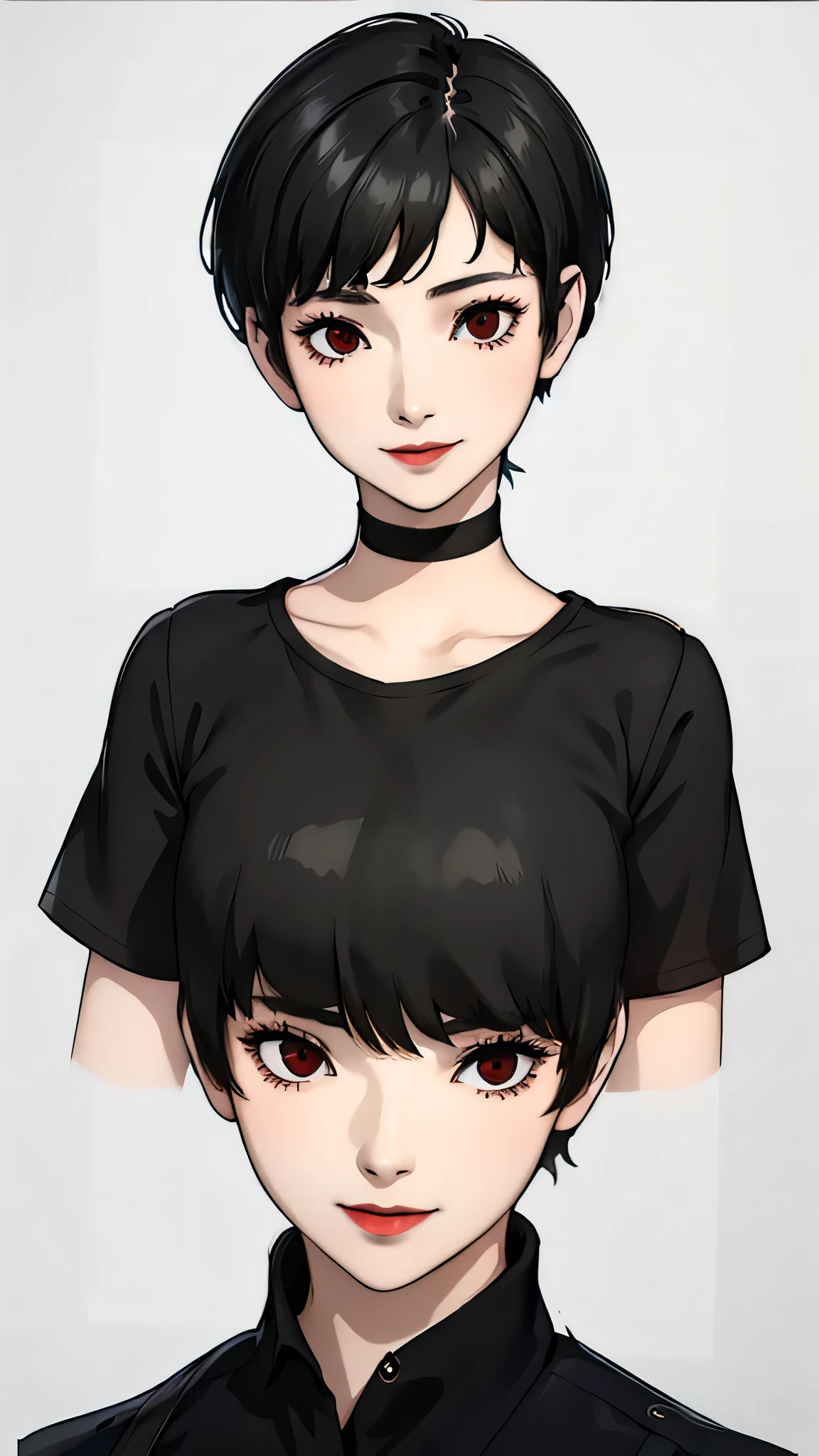 1 girl, very Short hair, black hair,tomboy Pixie haircut, red eyes, black lipstick, black choker, face portrait, top shirt , side face, white background, smile