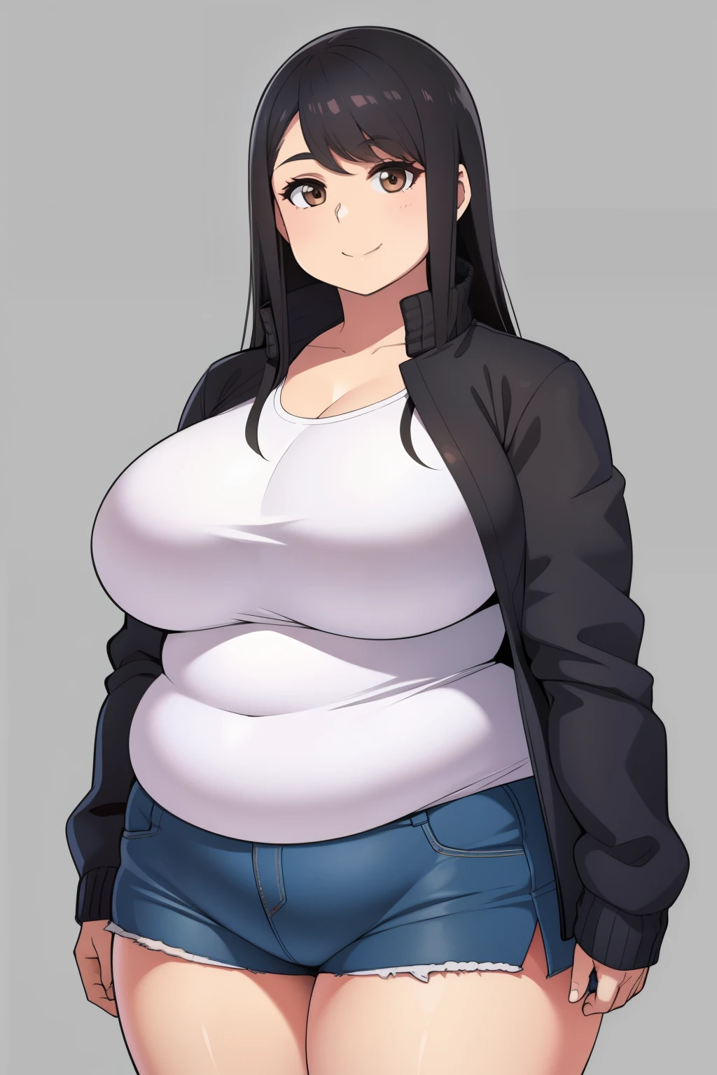 Plump year 21 big breasts black hair brown eyes chubby smile longer jacket  longer hair