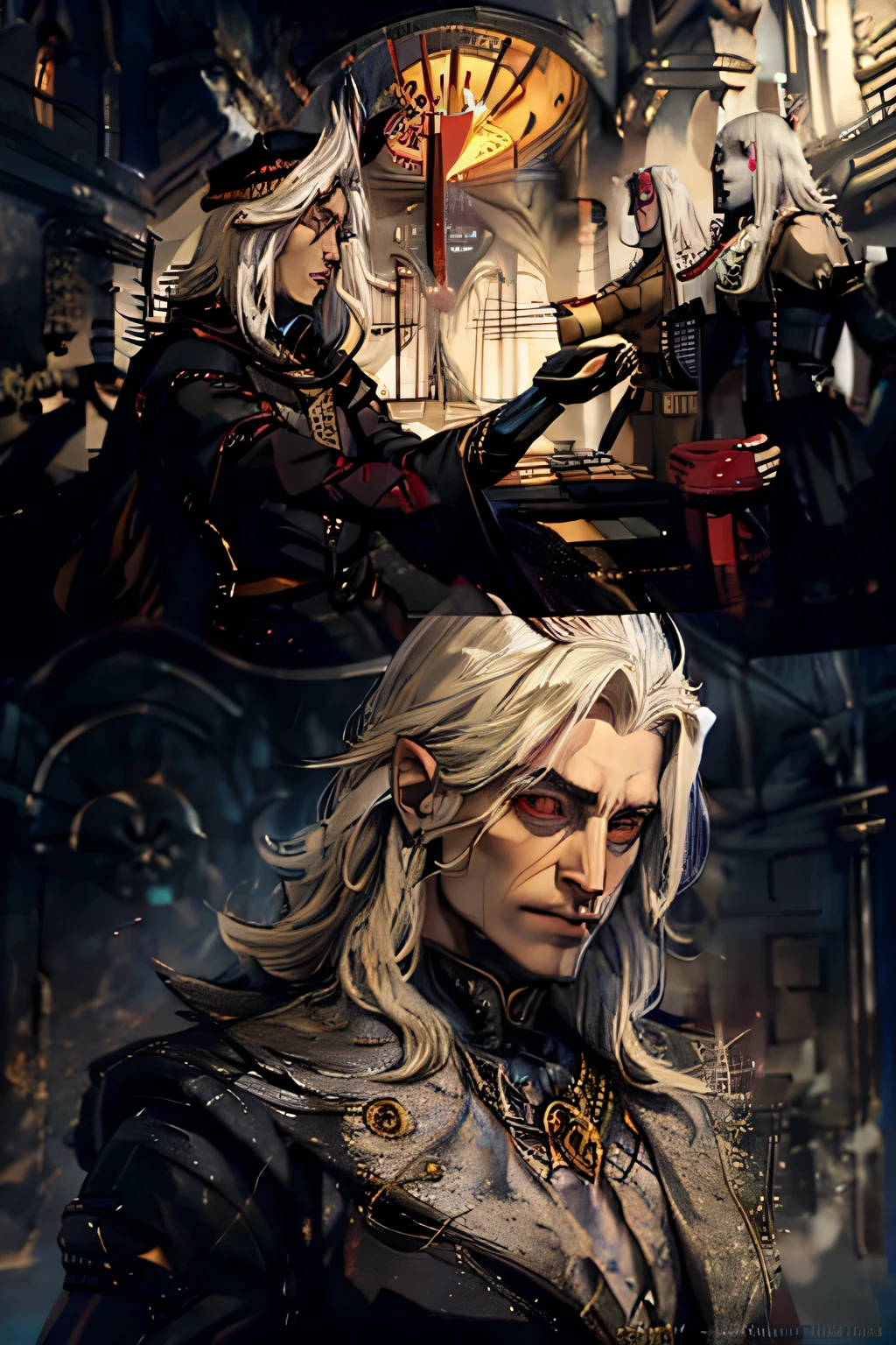 elder male vampire , light blond, super dark aura, pale skin, red eyes, black and gold clothe