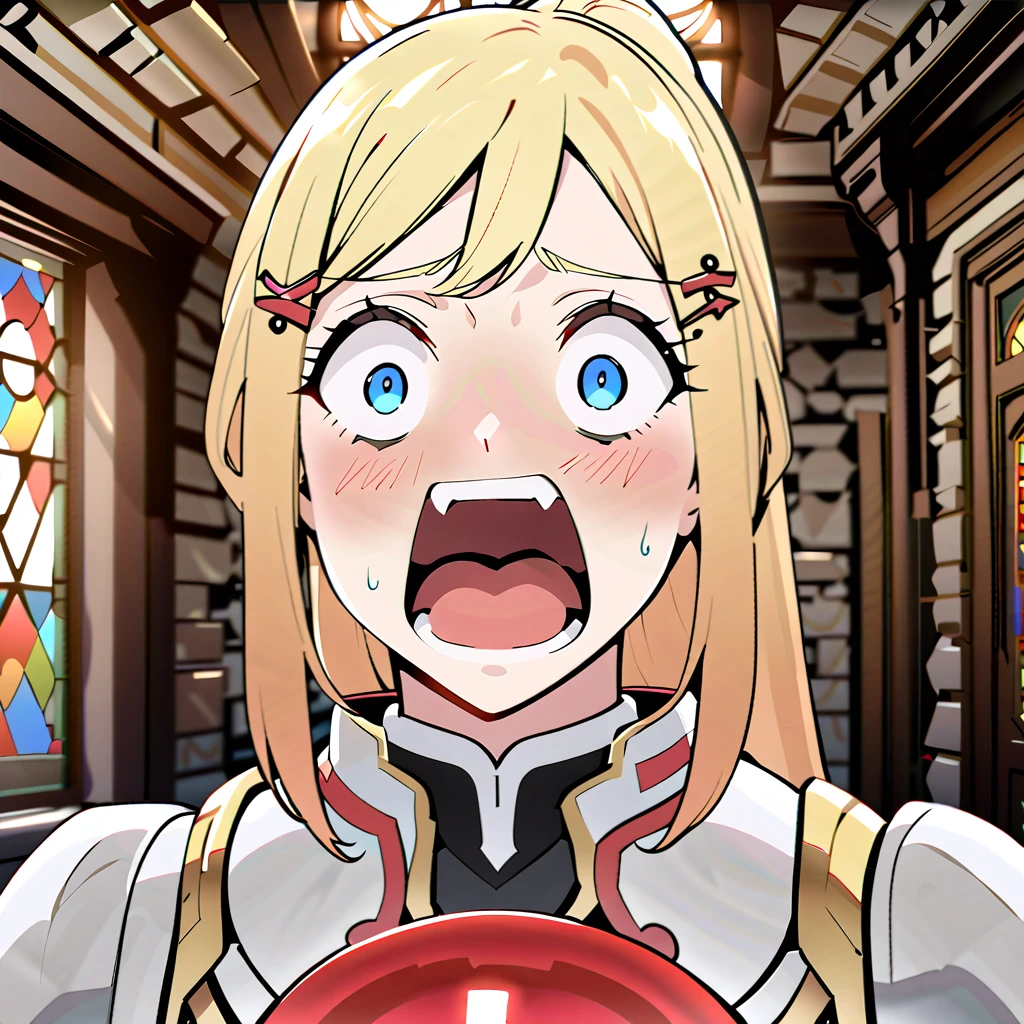 Anime, 2D, a beautiful blonde tall woman, long ponytail, detailed eyes, detailed lips, long eyelashes, wearing plate armour, red ribbons, red cross hairpins, standing, stained glass window, stone walls, shocked and scared, confused wide open eyes, screaming with open mouth, slightly blushing, sweating.