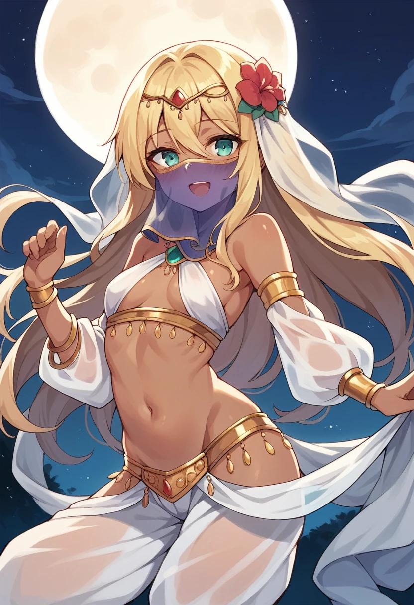 anime artwork, score_9, score_8_up, score_7_up, score_6_up, score_5_up, score_4_up, Mount Lady, blonde hair, purple eyes, big breasts, she is 24 years old, style_3, , , , black background, apron, naked, side , ass, V, solo, smile, arched back, stars