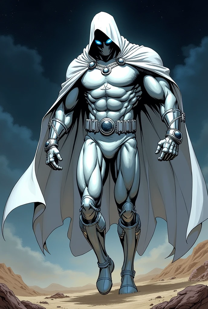 90s comics style. Moon Knight Full Body Portrait, a Marvel Comics superhero and vigilante, equipped with a sleek tactical suit that covers his entire body, combines a white and silver color scheme++. He wears a long, flowing white cloak with a hood.. The cape appears streamlined and billows behind him as he moves.; His face is hidden by a white cloth mask., leaving only bright blue-white eyes visible. This gives the character an air of mystery and intimidation.. He has an athletic and muscular build., highlighted by the tight suit, There is a silver crescent moon symbol on his chest++, displays a high level of physical skill. Parts of your outfit, like the forearms, the shins and sides, They are reinforced with silver armor-like components., Silver crescents adorn her waist++, offers protection and agility. It is represented levitating near the ground, in a night desert, view from below, Best Quality.
