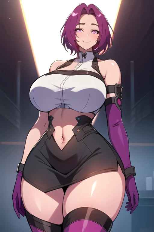 masterpiece, best quality, absurdres, 8k, perfect shadows,perfect lighting,hdr, cowboy shot,shiny skin,skindentation, beautiful body, kafka, ((magenta hair: 1.4)), long hair, purple eyes,  (crop top, underboob, elbow gloves, thigh boots, split skirt, bare shoulders, curvy, midriff, curvy, thighs, higheels, shiny clothes), complex detailed background, inside, luxury palace) (gigantic breasts,hourglass body, thin waist,very slim waist)extremely detailed face,detailed eye makeup, detail face, nice detailed eyes,nice hands, perfect hands (realistic pupils,realistic iris:1) heavy eye makeup,glowing eyes, Bright eyes,standing,standing at attention,(seductive smile), gigantic breasts, curvy