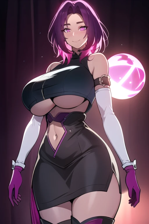 masterpiece, best quality, absurdres, 8k, perfect shadows,perfect lighting,hdr, cowboy shot,shiny skin,skindentation, beautiful body, kafka, ((magenta hair: 1.4)), long hair, purple eyes,  (crop top, underboob, elbow gloves, thigh boots, split skirt, bare shoulders, curvy, midriff, curvy, thighs, higheels, shiny clothes), complex detailed background, inside, luxury palace) (gigantic breasts,hourglass body, thin waist,very slim waist)extremely detailed face,detailed eye makeup, detail face, nice detailed eyes,nice hands, perfect hands (realistic pupils,realistic iris:1) heavy eye makeup,glowing eyes, Bright eyes,standing,standing at attention,(seductive smile), gigantic breasts, curvy