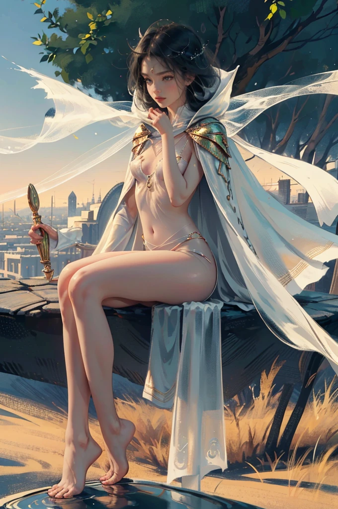 A girl in a dark scene，bit girl，Wear jewelry and pearls around your neck，hollowed out，cleanness，curlies, small boobs, The face is red, upper legs, exposed bare shoulders, 鎖骨, Willow waist, Barefoot，(tmasterpiece), slim，（（Full body lesbian））