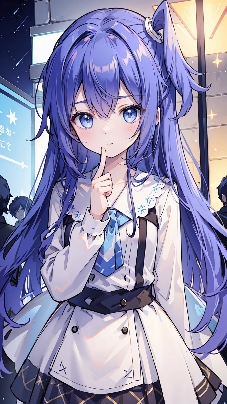 ((masterpiece)), (Highest quality),, Official Art, Very detailed CG ユニティ 8k 壁紙, Very detailed, Glowing Skin, Depth of written boundary, Bright colors,, One girl, (Curvy:0.4), (whole body:0.6),, Long Hair, bangs, blue eyes, skirt, View your viewers, night, street, neon, Recall, star (null), crowd, Upper Body,