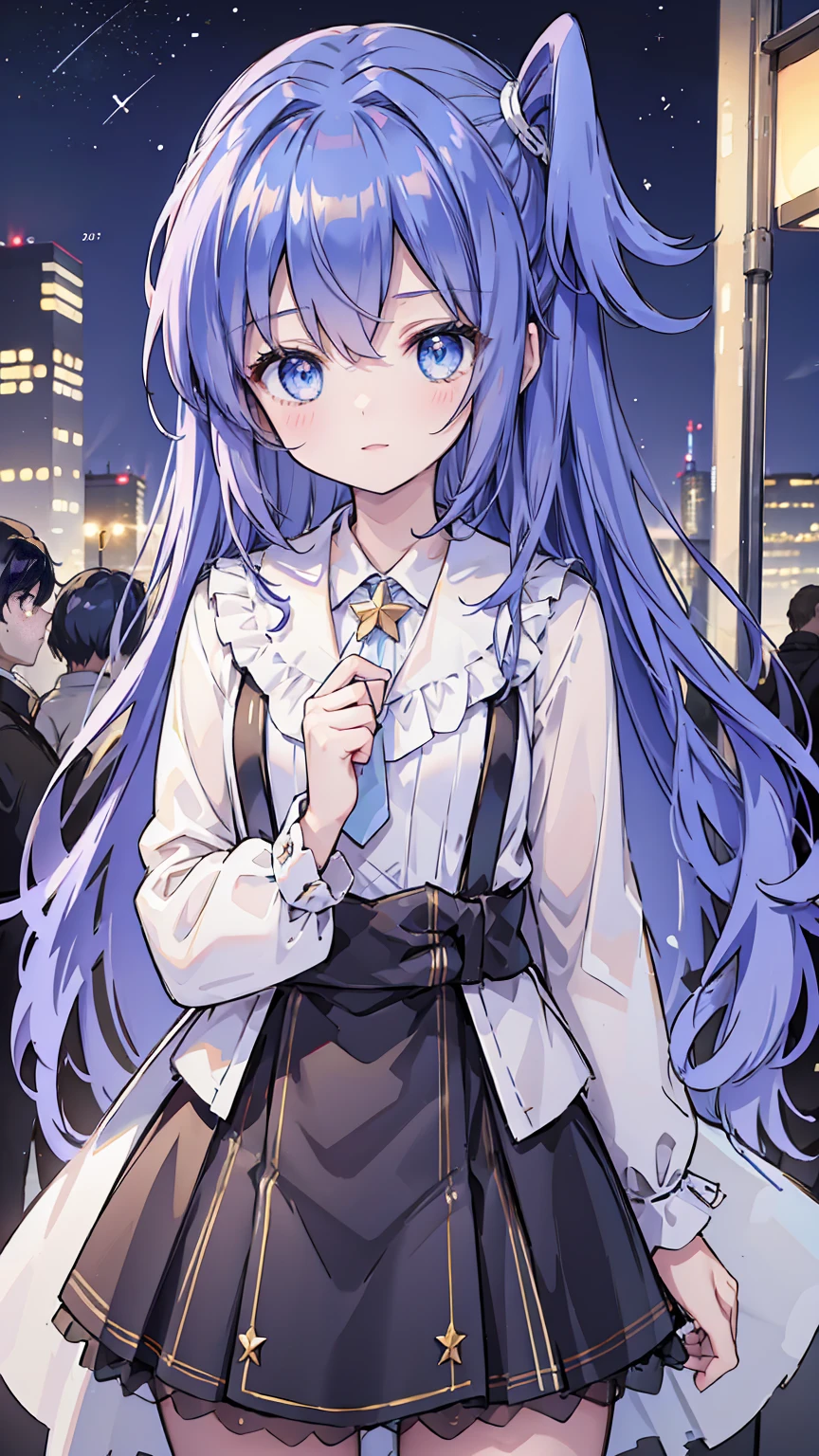 ((masterpiece)), (Highest quality),, Official Art, Very detailed CG ユニティ 8k 壁紙, Very detailed, Glowing Skin, Depth of written boundary, Bright colors,, One girl, (Curvy:0.4), (whole body:0.6),, Long Hair, bangs, blue eyes, skirt, View your viewers, night, street, neon, Recall, star (null), crowd, Upper Body,