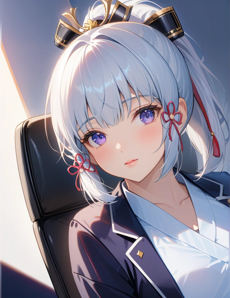 masterpiece, top quality, Super details, 8K, Detail lights, Detailed shadows, (real: 1.2),, 1 girl, silver hair, wearing white shirts and black blazer, sitting on office chair,purple eyes, half body portrait, one eye covered with hair bang , ayaka, moderate breastBlush, Hair Ornament, breasts 