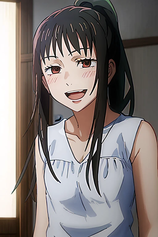 ((Highest quality)), ((masterpiece)), (be familiar with), Perfect Face, indoor, Bedroom, Watching the audience,
One woman, Zenin Maki,
Open Mouth, Ecstatic expression, blush, smile,
Small breasts, Flat Chest, , , child, Girl,
Long Hair, ponytail,
Leg spread,