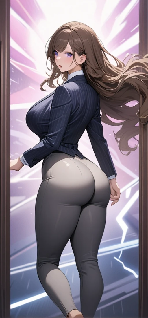 ((masterpiece)), ((high quality)),((ultra-detailed)), ((extremely detailed)),(character portrait), 4K,8K,wearing grey pants suit, white collared shirt, grey pants, 2, a beautiful woman, very tall woman with great style, perfect big breasts, perfect big ass, middle plump ass, tight suit, slender body, 1girl, solo, middle long wavy hair, brown hair with red accent, swept bangs, perfect hands, perfect face, perfect purple eyes, perfect body, beautiful legs, pink heart background, cinema lightning, purple striped patterned necktie, cold beauty, confused, open mouth, running, close eyes, side view