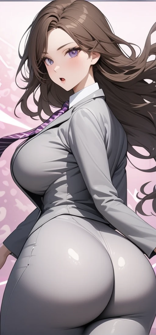 ((masterpiece)), ((high quality)),((ultra-detailed)), ((extremely detailed)),(character portrait), 4K,8K,wearing grey pants suit, white collared shirt, grey pants, 2, a beautiful woman, very tall woman with great style, perfect big breasts, perfect big ass, middle plump ass, tight suit, slender body, 1girl, solo, middle long wavy hair, brown hair with red accent, swept bangs, perfect hands, perfect face, perfect purple eyes, perfect body, beautiful legs, pink heart background, cinema lightning, purple striped patterned necktie, cold beauty, confused, open mouth, running, close eyes, side view