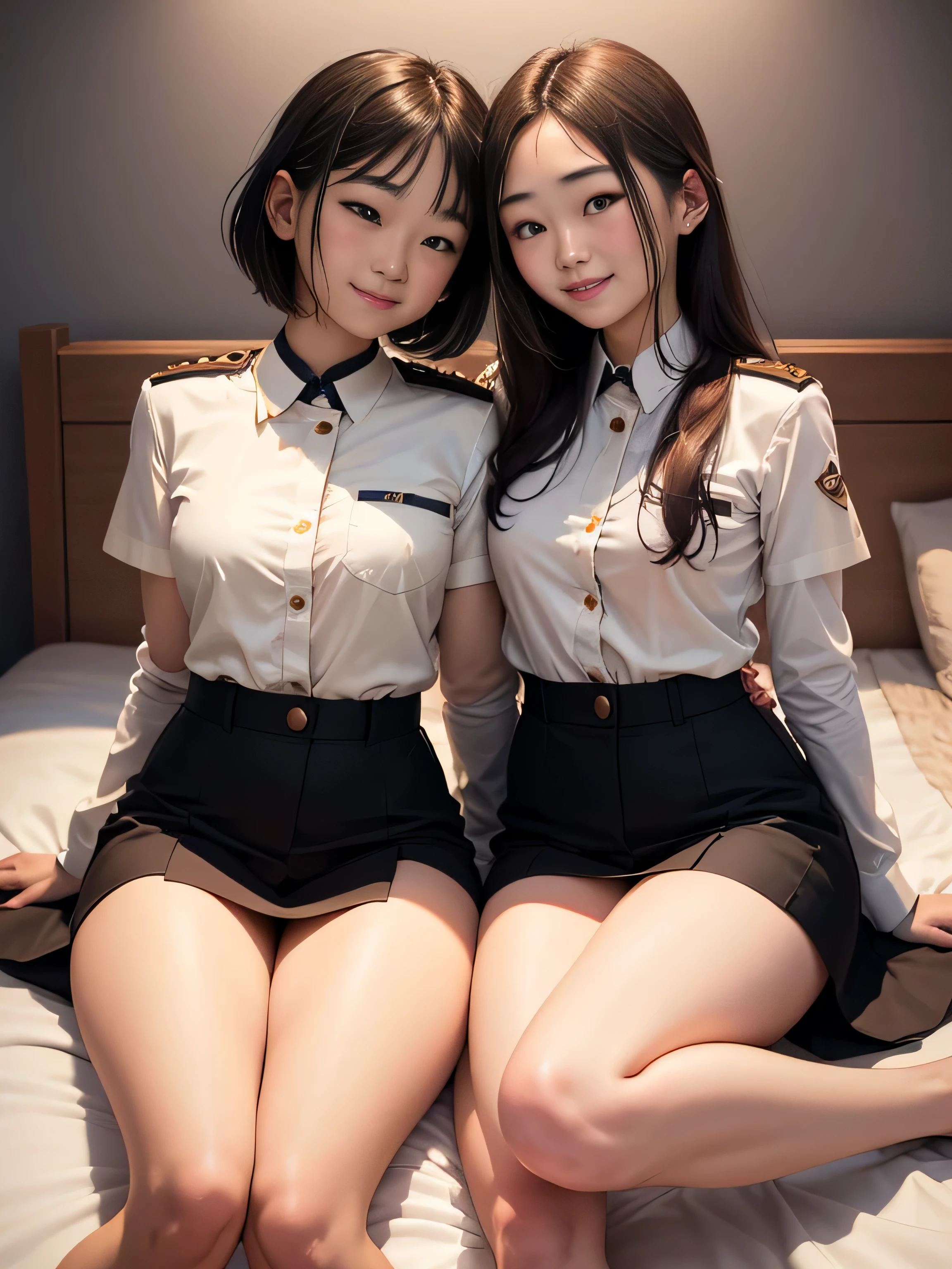 8K quality、High resolution、Vibrant colors、Realistic skin texture、Two women make love to each other、High resolutionの瞳、、Cabin attendant、Princess Hair、thin、Small and young breasts、Beautiful cleavage、Gray Hair、、thin脚、、Full body shot、Exposed breasts、Lewd atmosphere、Hide and hug each other、uniform