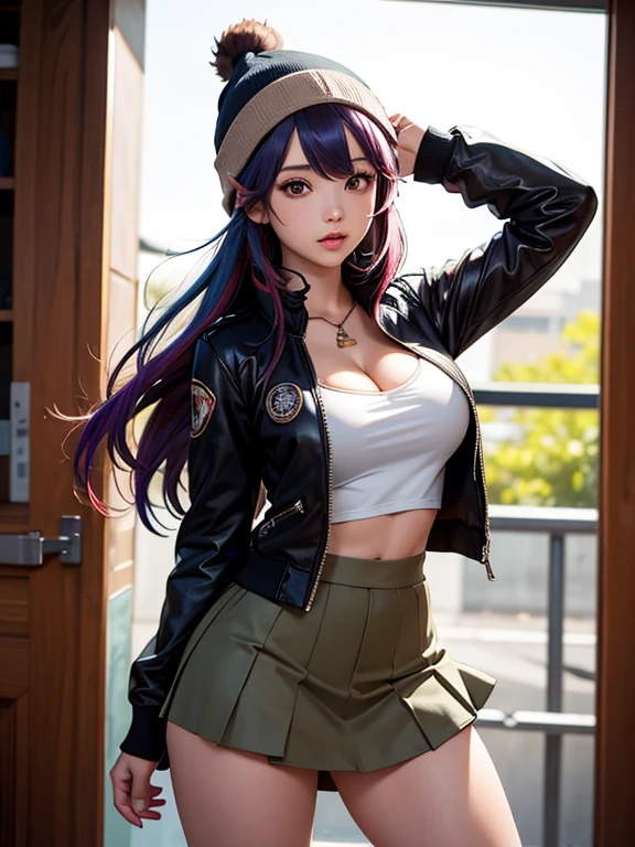 anime girl, layered skirt, cropped jacket, beanie, large breasts, cleavage, ass visible through thighs, colored hair tip, brown eyes, looking at viewer, cinematic angle, incredibly absurdres, high dynamic range, silhouette