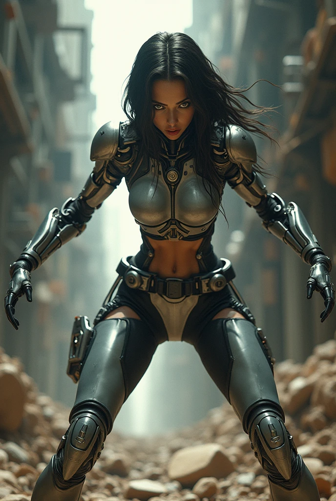 ((A fight scene)). A many alien drone aggressive insects and spiders in the jungle attack naked sexy woman from all sides, They come down from the trees, eight-legged robots are everywhere, there are many broken robots around the woman, Robots have metal cyberpunk bodies and eight legs. They descend head down from the trees surrounding the woman. The woman is in a dynamic pose, leans back, legs apart, (Woman destroys robots with a transparent sword), Sparks are pouring all around. The woman has large green eyes, juicy lips, (afro curly black wet hair), sweaty, angry, has large shapely breasts, naked, ((she has gold metal jewelry ornaments all over the body)), she has a golden cyberpunk collar. Masterpiece