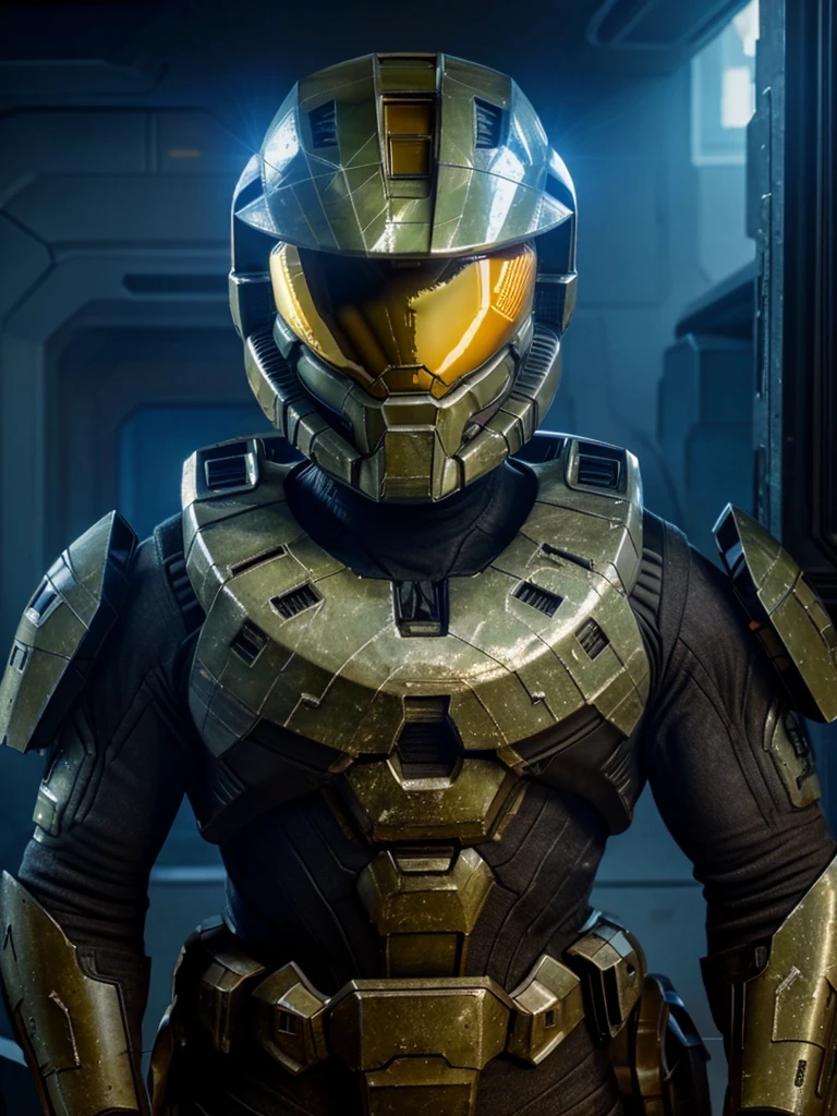 a man in a futuristic space base, battle damage Mark IV halo armor, dramatic chiaroscuro lighting, glowing details, hyper-detailed intricate armor, photorealistic, cinematic 8k, award-winning, stunning breathtaking sci-fi scene, HDR, UHD, studio lighting, ultra-fine painting, sharp focus, physically-based rendering, extreme detail description, professional, vivid colors, bokeh, cinematic, epic, dramatic, gritty, science fiction, concept art