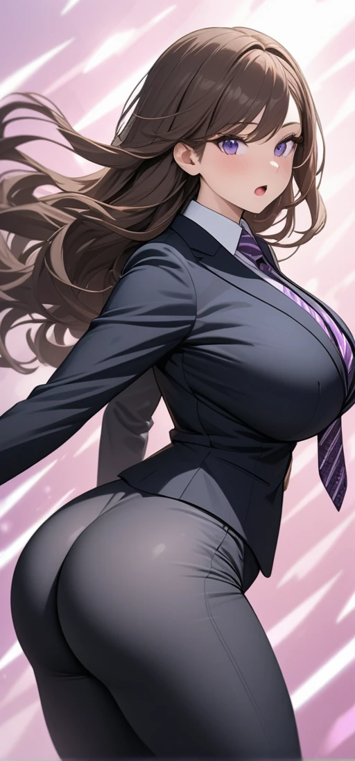 ((masterpiece)), ((high quality)),((ultra-detailed)), ((extremely detailed)),(character portrait), 4K,8K,wearing black pants suit, white collared shirt, grey pants, 2, a beautiful woman, very tall woman with great style, perfect big breasts, perfect big ass, plump ass, tight suit, slender body, 1girl, solo, middle long wavy hair, brown hair with red accent, swept bangs, perfect hands, perfect face, perfect purple eyes, perfect body, beautiful legs, pink heart background, cinema lightning, purple striped patterned necktie, cold beauty, confused, open mouth, running, side view