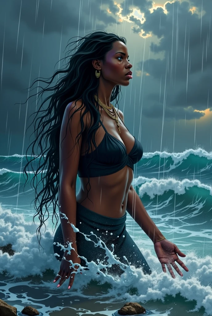 Sur une belle et sereine plage de sable blanc, The setting sun paints the sky with shades of orange and pink. Les eaux cristallines de la mer baratissent doucement, embrasser le sable avec affection. On the horizon, The silhouette of a black woman with an imposing presence emerges from the blue vastness, Son noir, Curly hair falls over his shoulders., Capturing the spirit of rivers and oceans, his face adorned with gold, ses yeux noirs, Mami wata is wrapped in her own arms that hide her breasts, We see its tail as that of a fish just behind it,